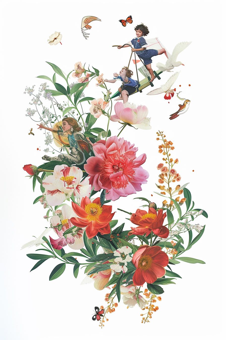 a painting of a woman sitting on top of a bouquet of flowers