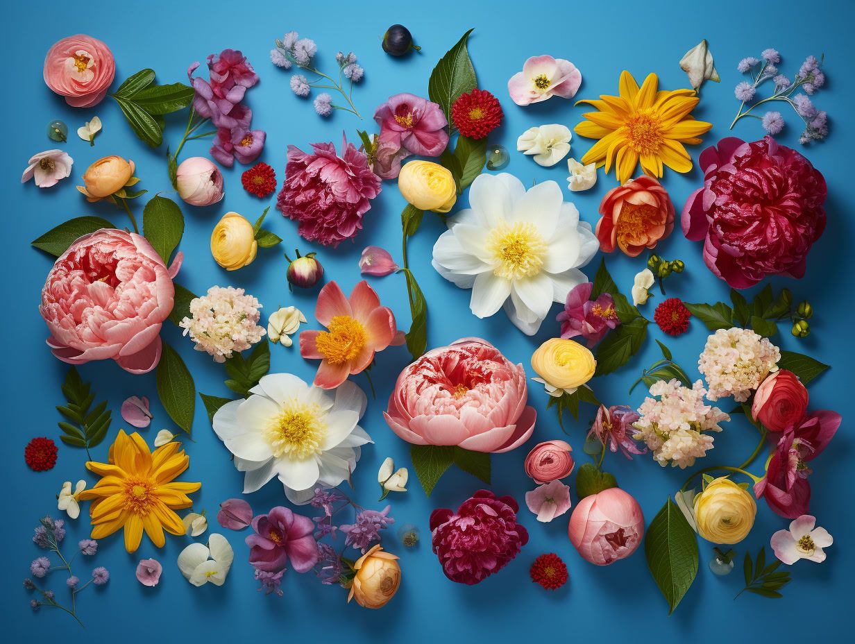 a bunch of flowers that are on a blue surface