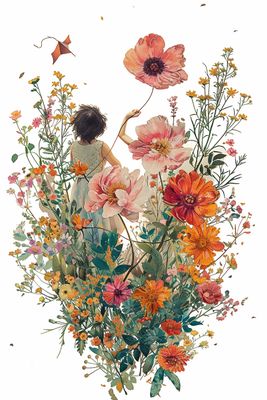 a painting of a girl surrounded by flowers