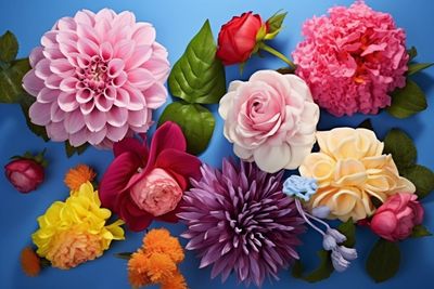 a bunch of different colored flowers on a blue background