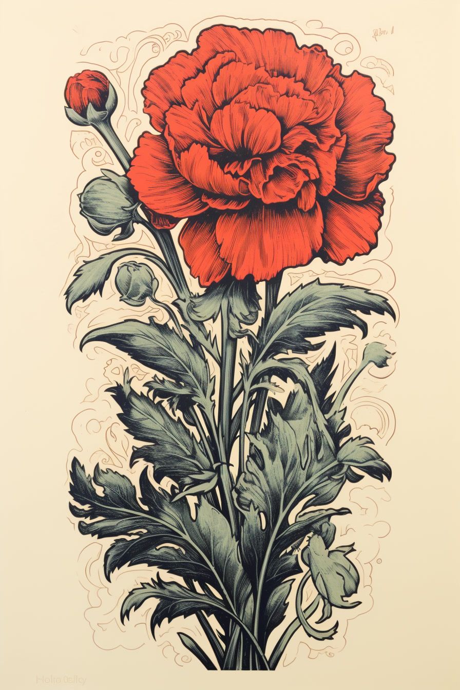 a drawing of a red flower on a white background