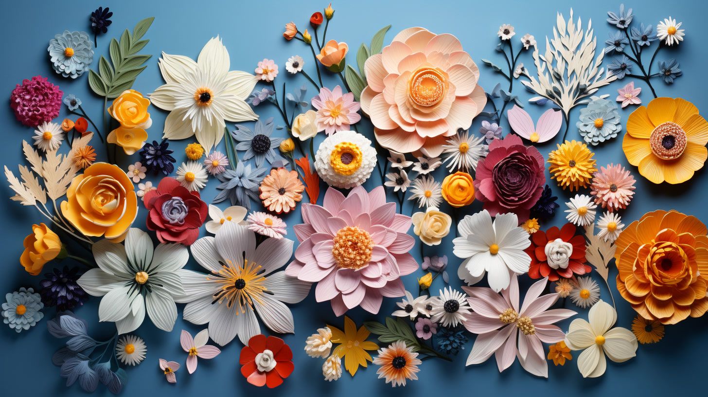 a bunch of paper flowers on a blue background