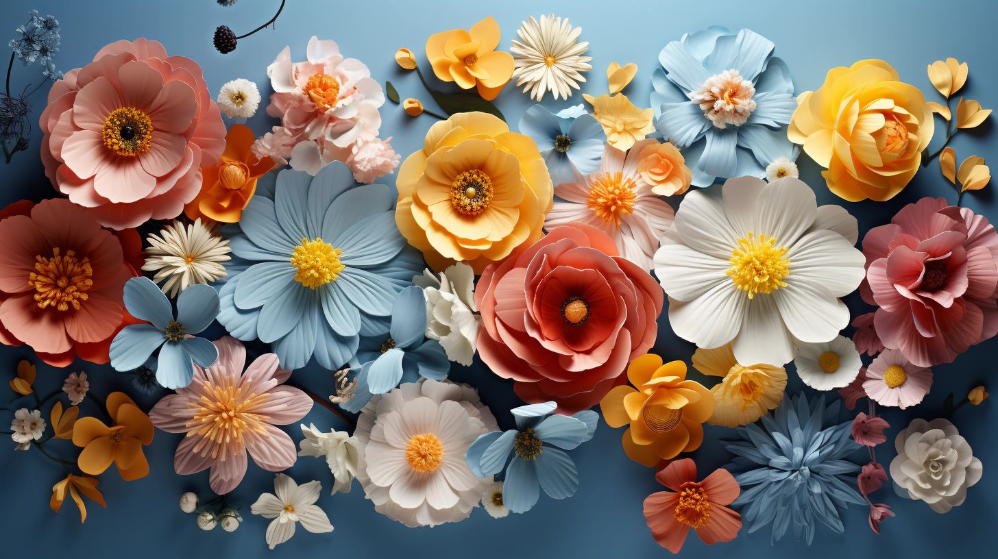 a bunch of paper flowers on a blue background