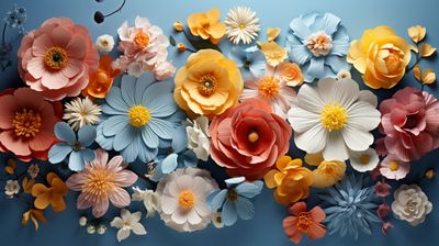 a bunch of paper flowers on a blue background