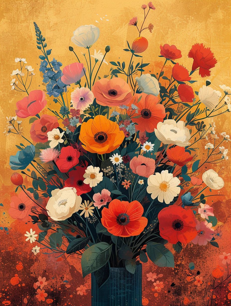 a painting of a vase filled with colorful flowers