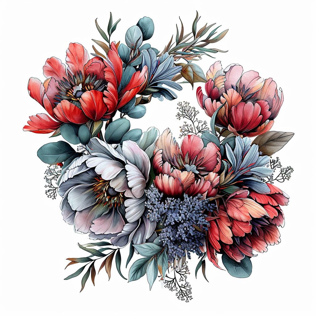 a watercolor painting of a wreath of flowers