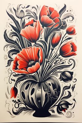 a drawing of red flowers in a vase