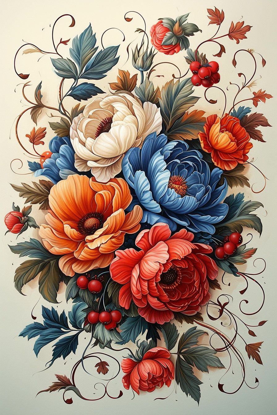 a painting of a bouquet of flowers on a white background