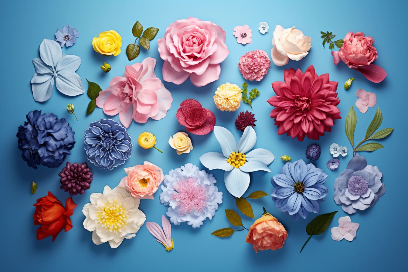 a bunch of paper flowers on a blue background