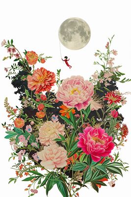 a bouquet of flowers with a full moon in the background