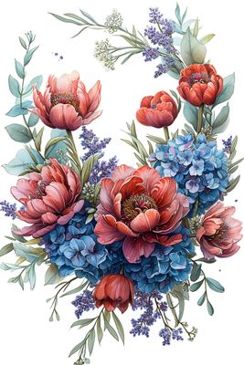 a watercolor painting of red and blue flowers