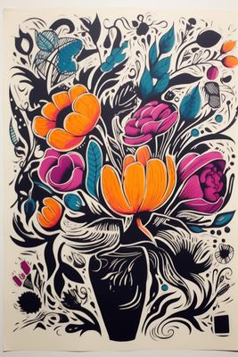 a drawing of a vase filled with colorful flowers