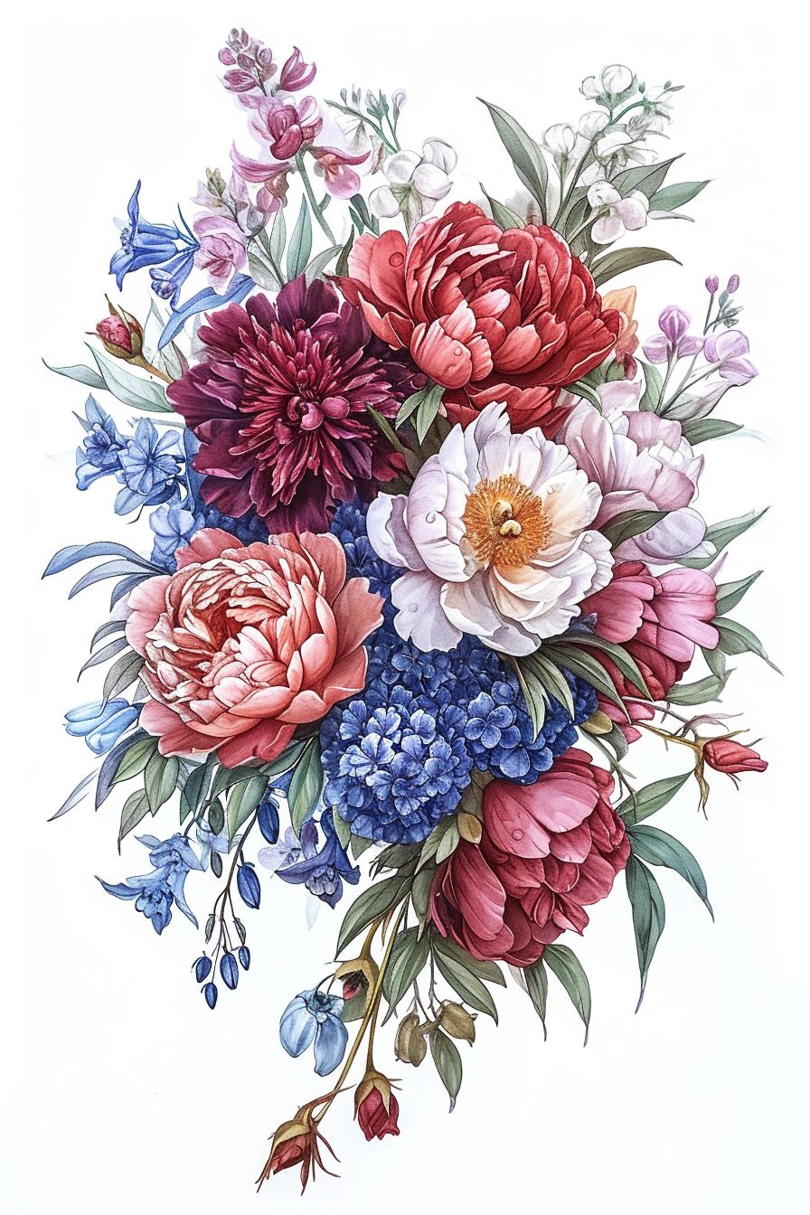 a painting of a bouquet of flowers on a white background