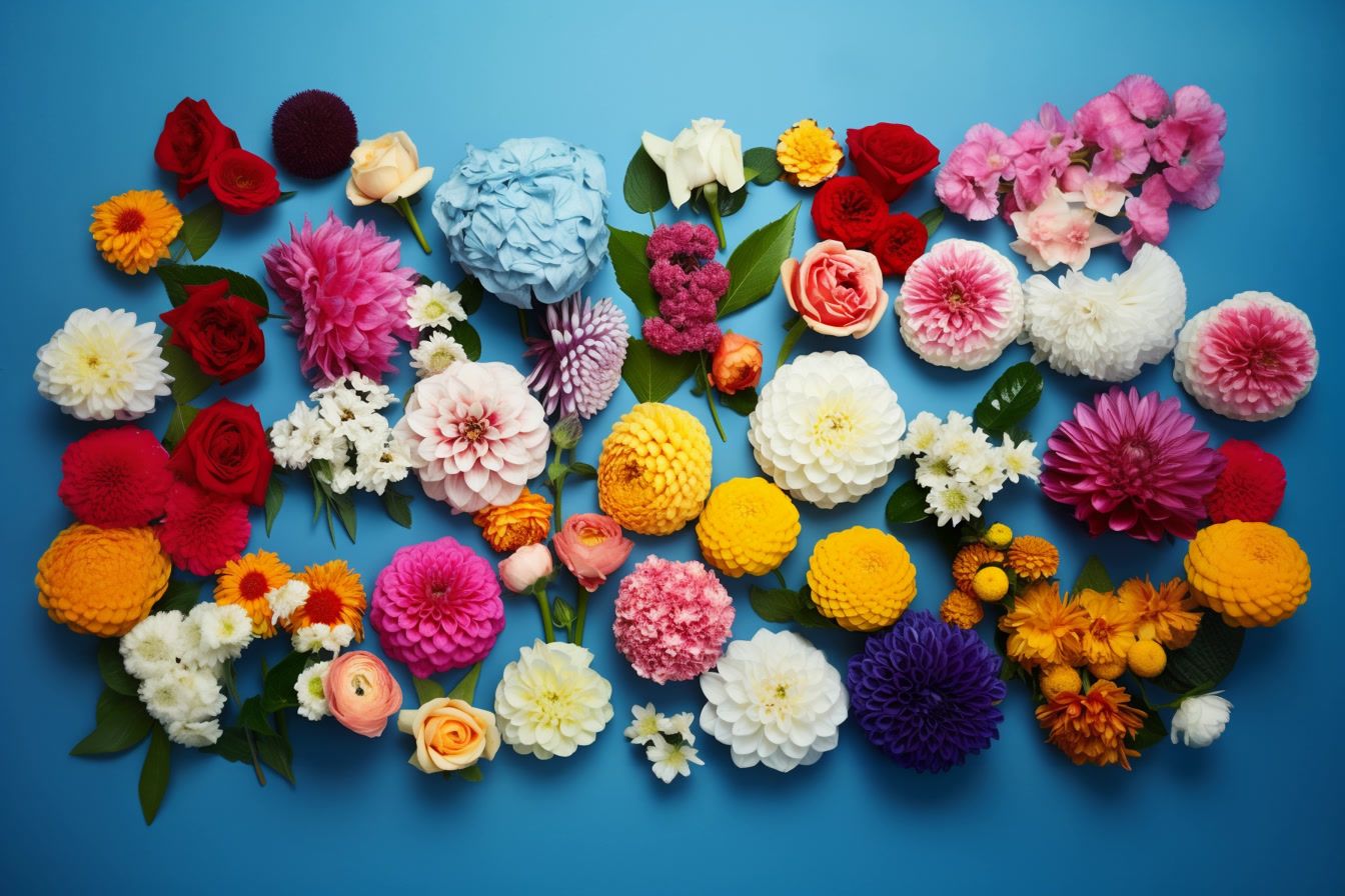 a bunch of different colored flowers on a blue background