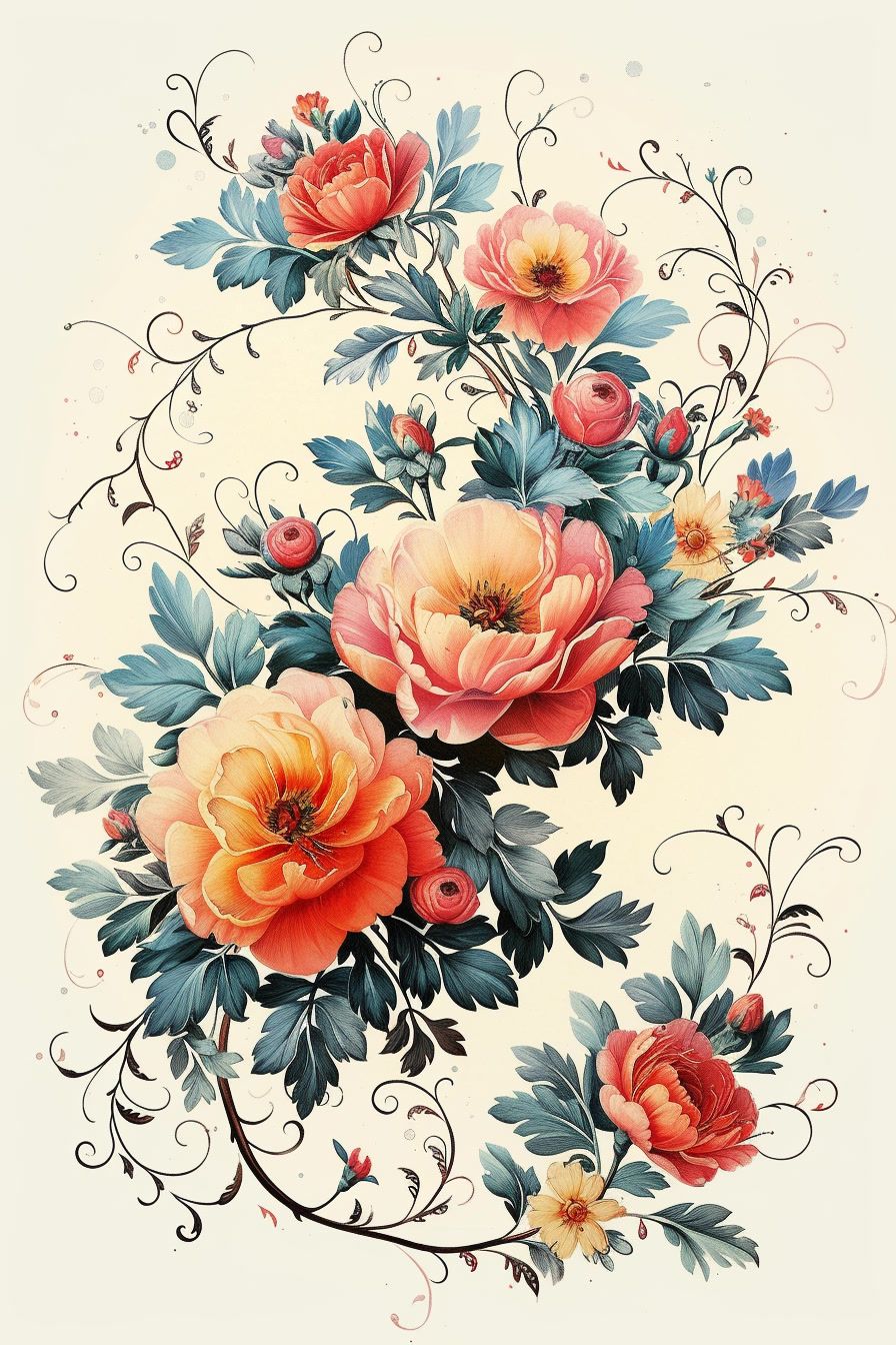 a painting of a bunch of flowers on a white background