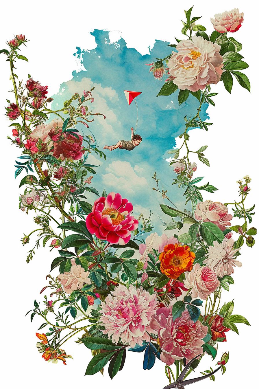 a painting of flowers and a kite flying in the sky