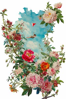 a painting of flowers and a kite flying in the sky