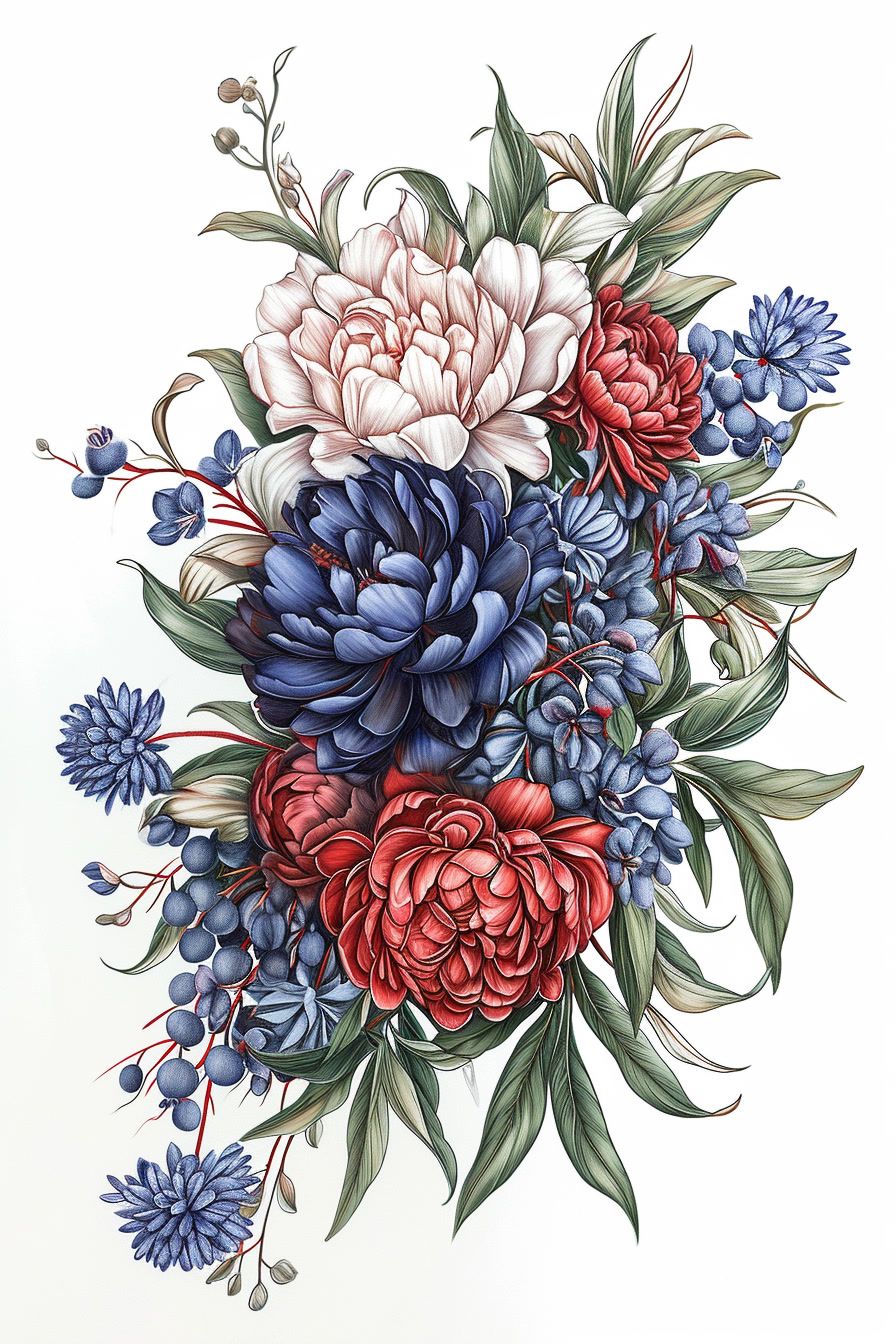 a bouquet of flowers painted on a white background