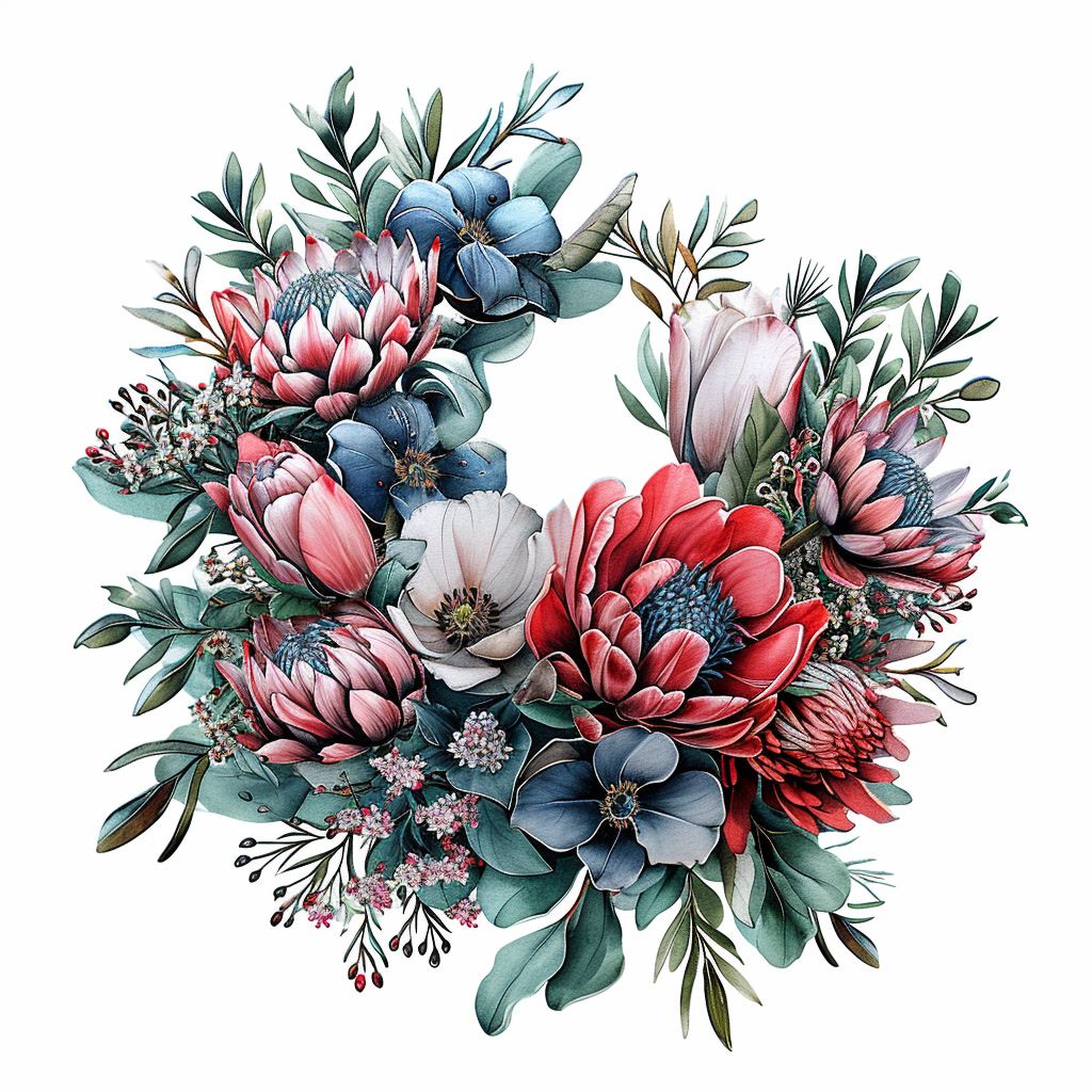 a watercolor painting of a wreath of flowers