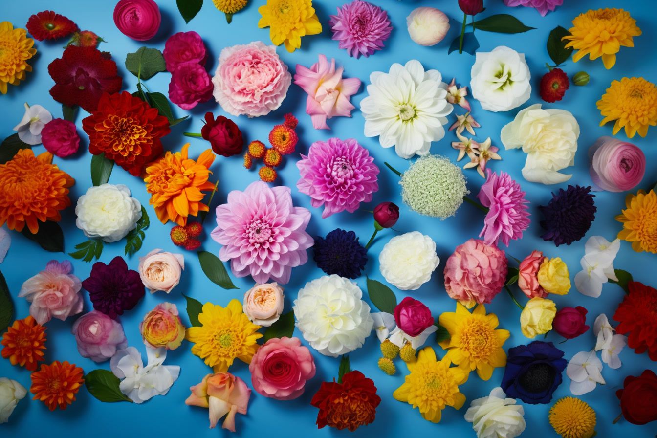 a bunch of different colored flowers on a blue surface