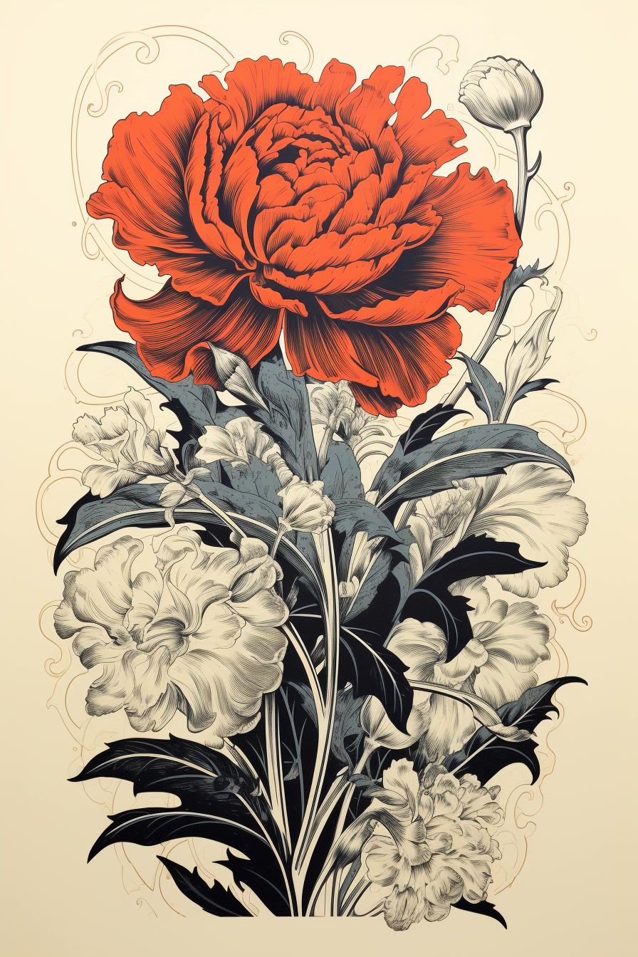 a drawing of a red flower on a white background