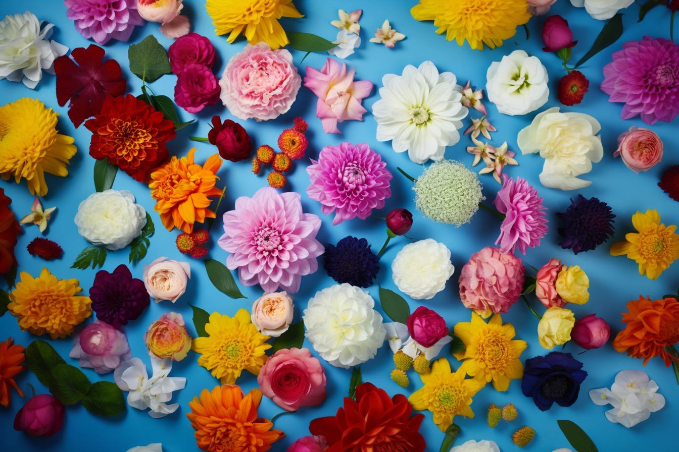 a bunch of different colored flowers on a blue surface