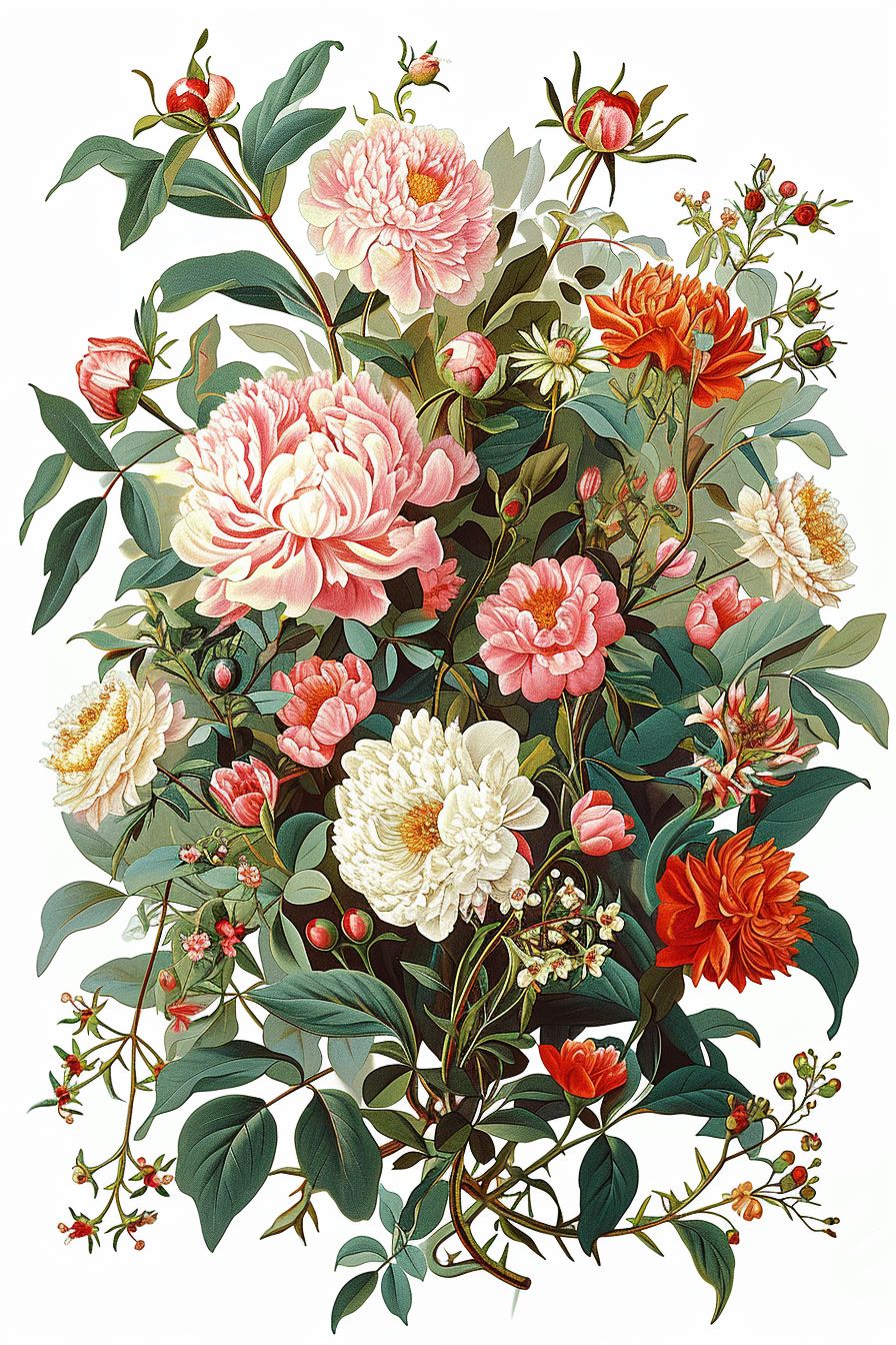 a painting of a bouquet of flowers on a white background