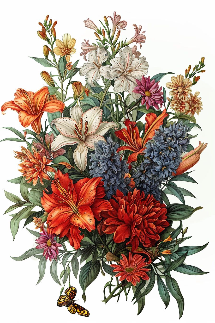 a painting of a bouquet of flowers and a butterfly