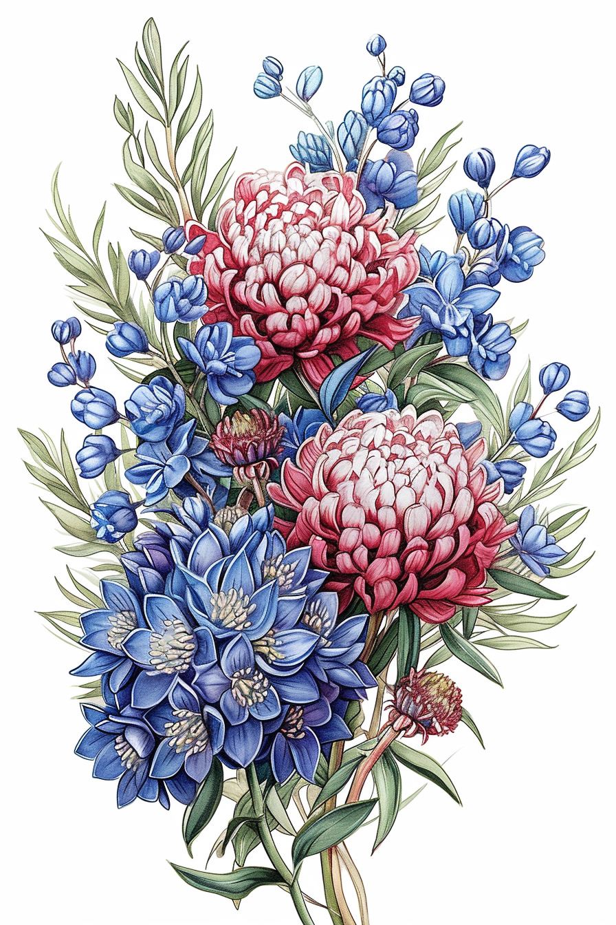 a bouquet of flowers with blue and red flowers