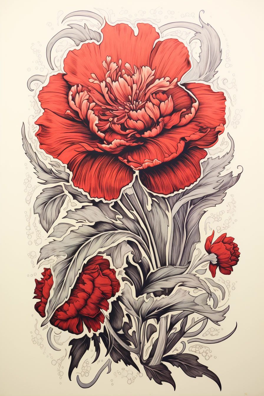 a drawing of a red flower on a white background