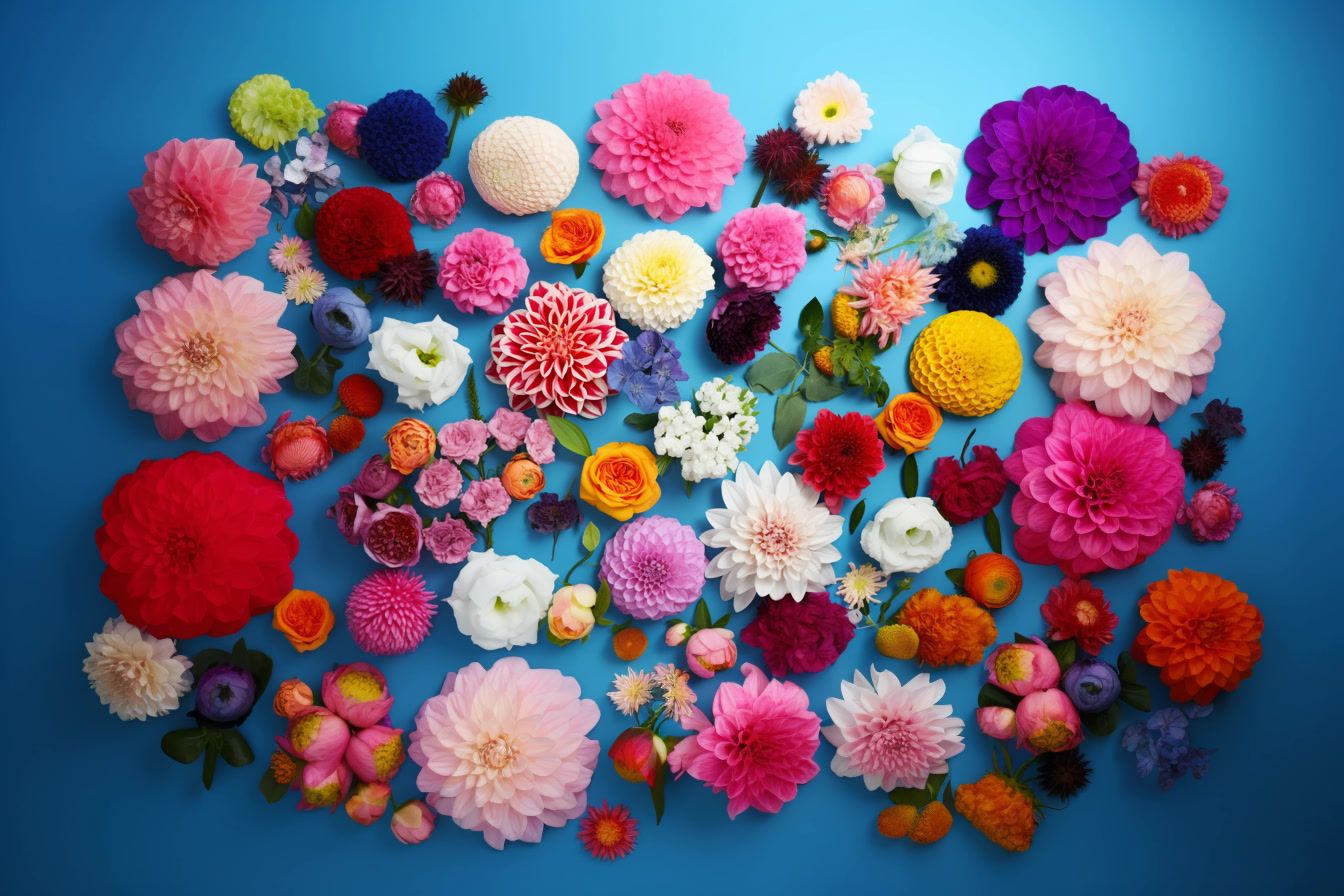 a bunch of different colored flowers on a blue background