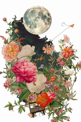 a collage of flowers and a full moon