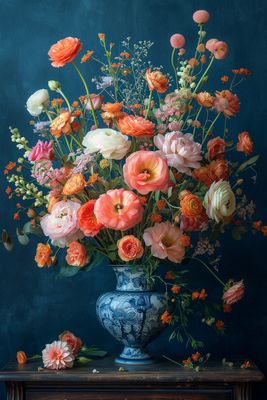 a painting of a blue vase filled with flowers