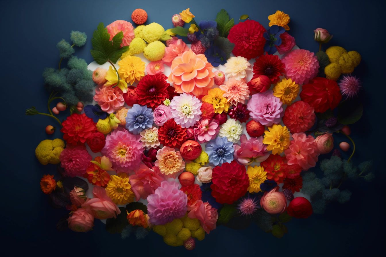 a bunch of colorful flowers on a blue background