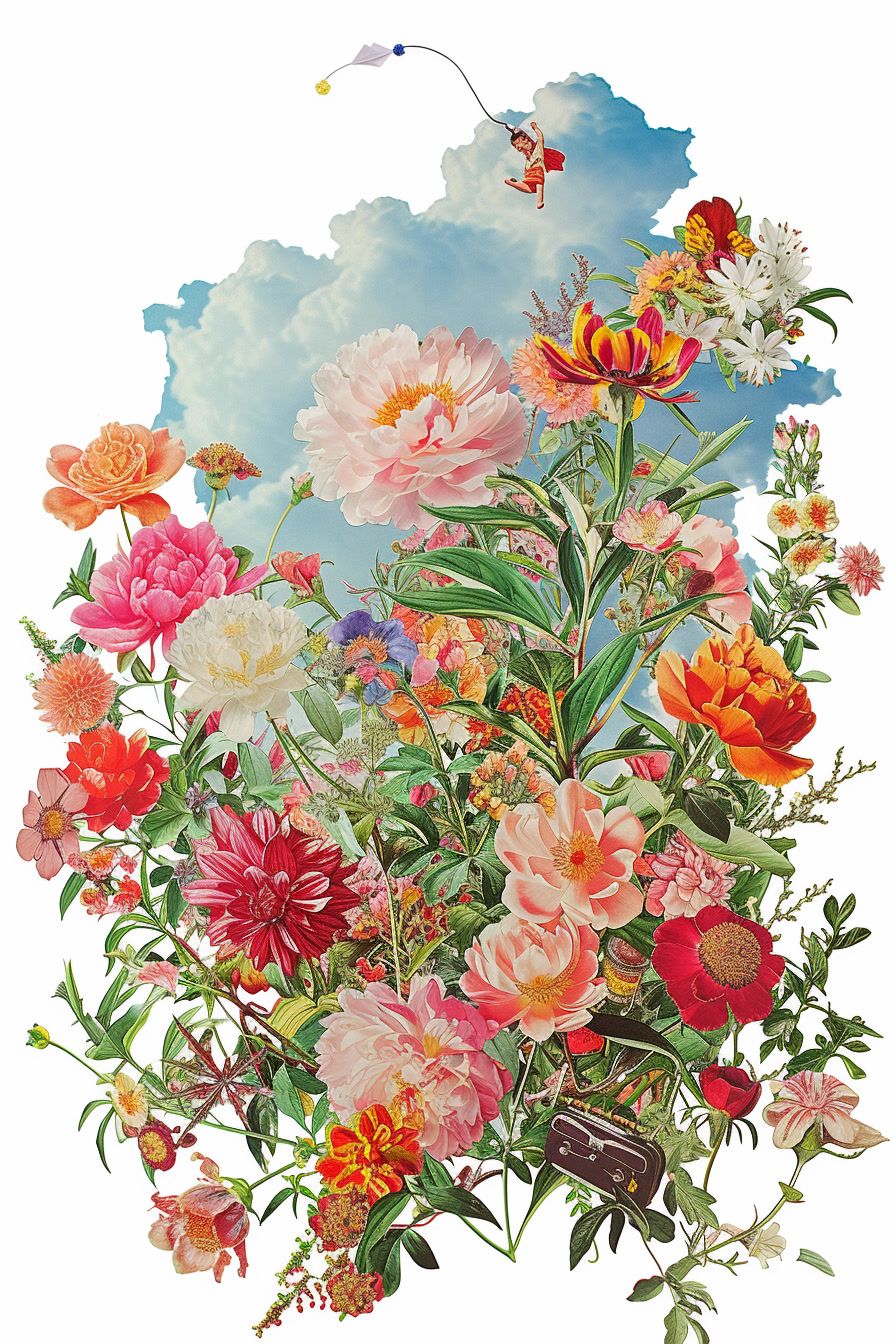 a painting of a bunch of flowers with a sky background