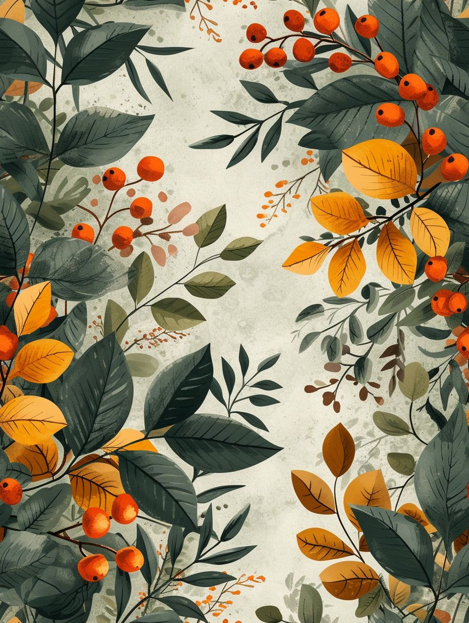 a painting of leaves and berries on a white background