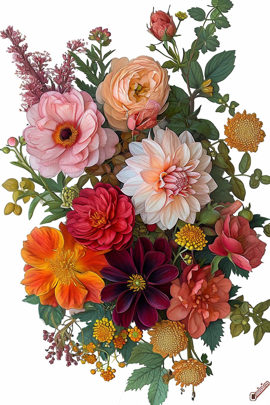 a painting of a bouquet of flowers on a white background