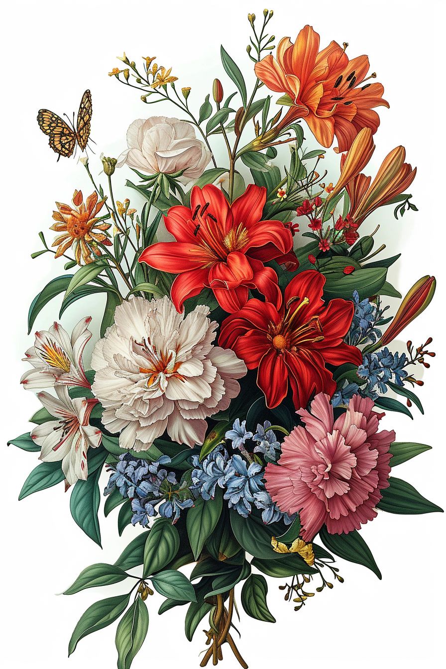 a painting of a bouquet of flowers and a butterfly