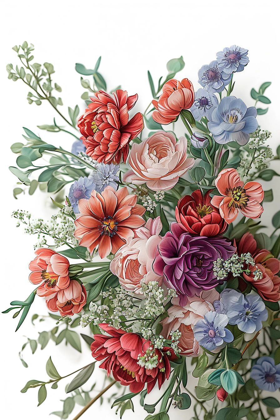 a painting of a bouquet of flowers on a white background