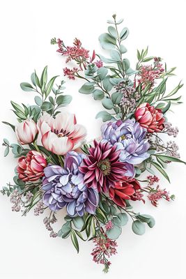 a wreath of flowers and greenery on a white background