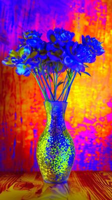 a vase filled with blue flowers on top of a table