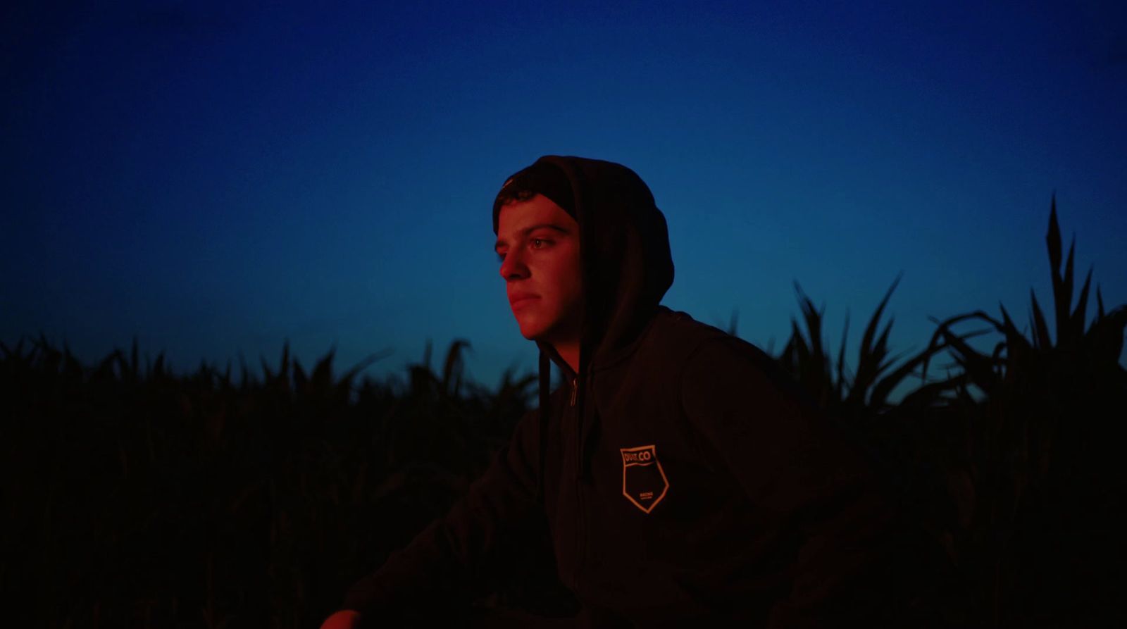 a man in a hoodie sitting in a corn field