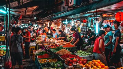 a group of people standing around a market filled with fruits and vegetables