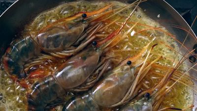 a pan filled with cooked craws on top of a stove