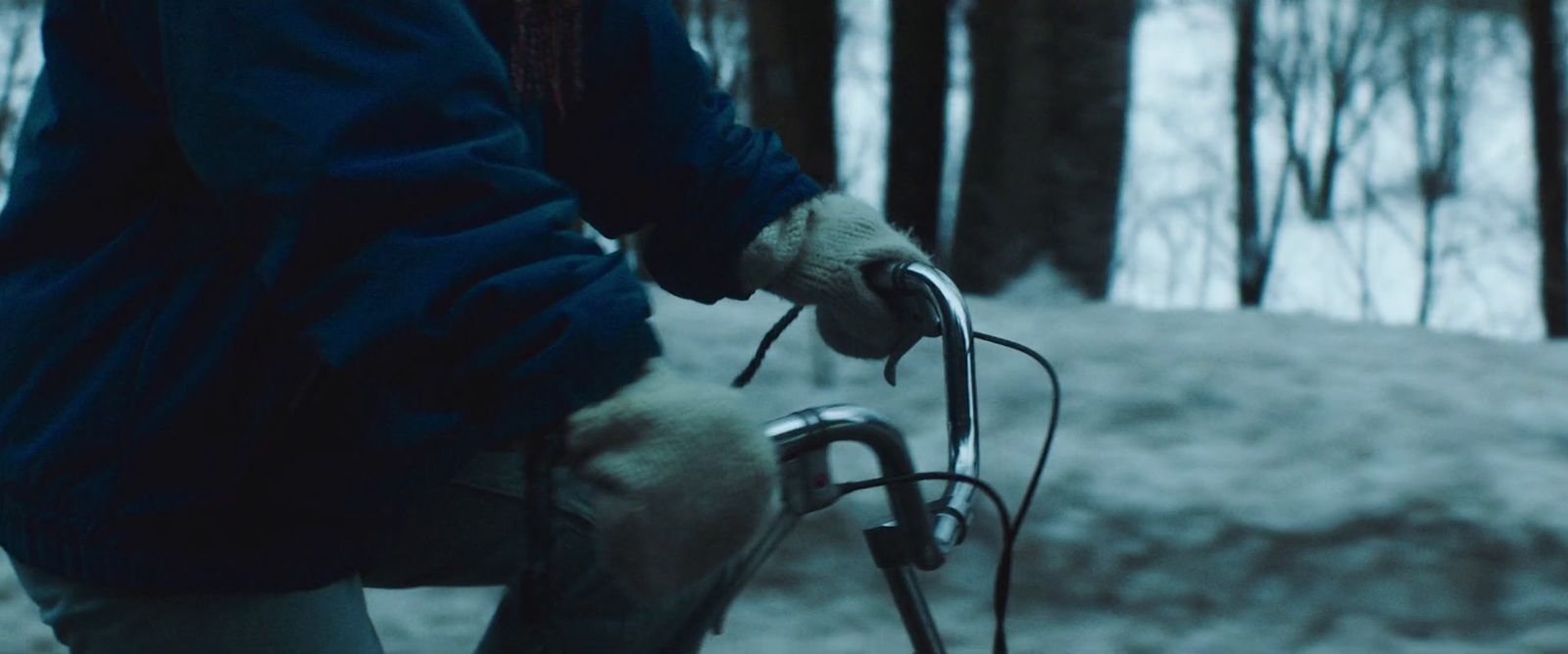 a person riding a bike in a snowy forest