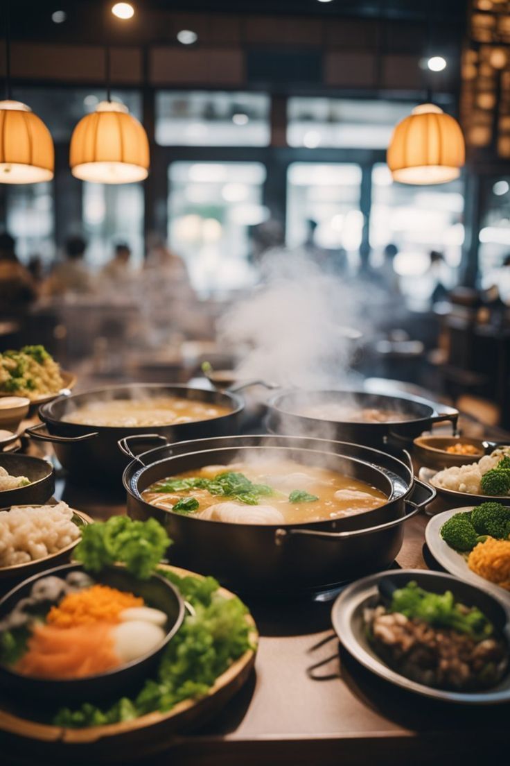 a table with many bowls of food on it