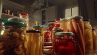 a kitchen filled with lots of jars filled with food