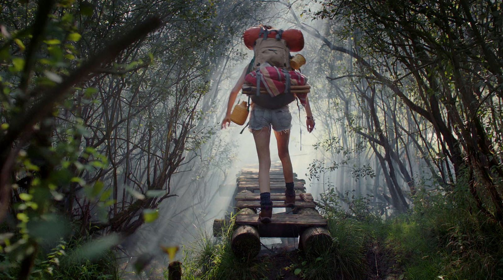 a person walking across a bridge in the woods