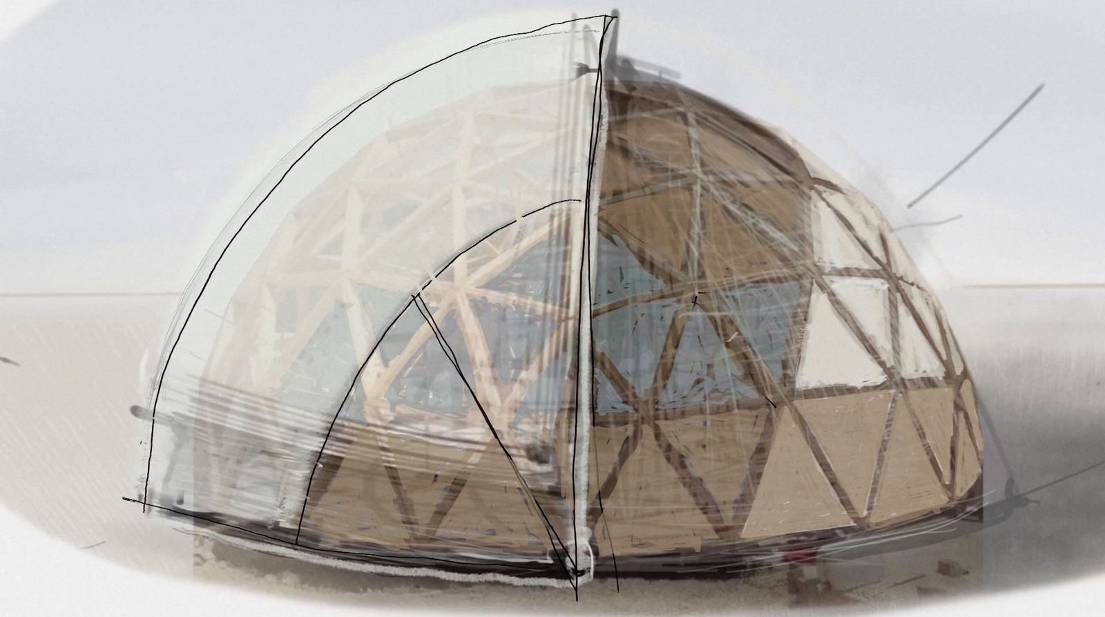 a drawing of a wooden structure with a glass dome