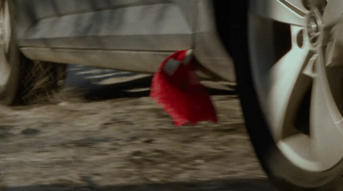 a red piece of cloth on the ground next to a car